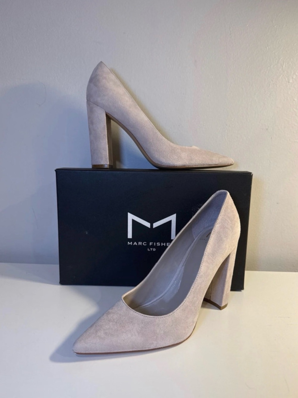 Marc Fisher Pointed Block Heel Pumps in Taupe Suede